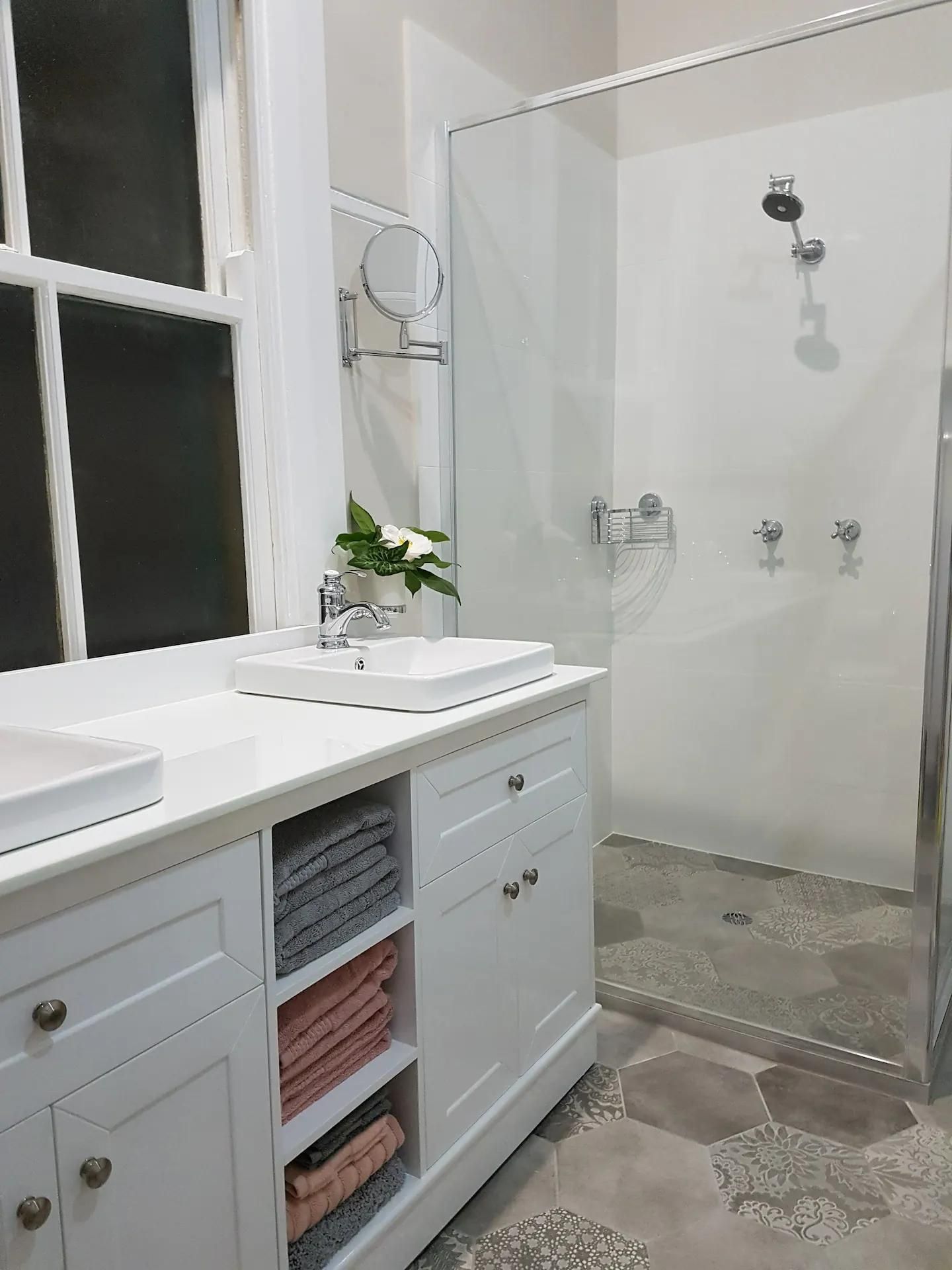Shower With Glass Cover And A Small Plant Near Sink — Accommodation in Forbes, NSW