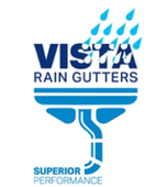 Logo for Vista Rain Gutters with blue rain drops and gutter design. "Superior Performance" below.