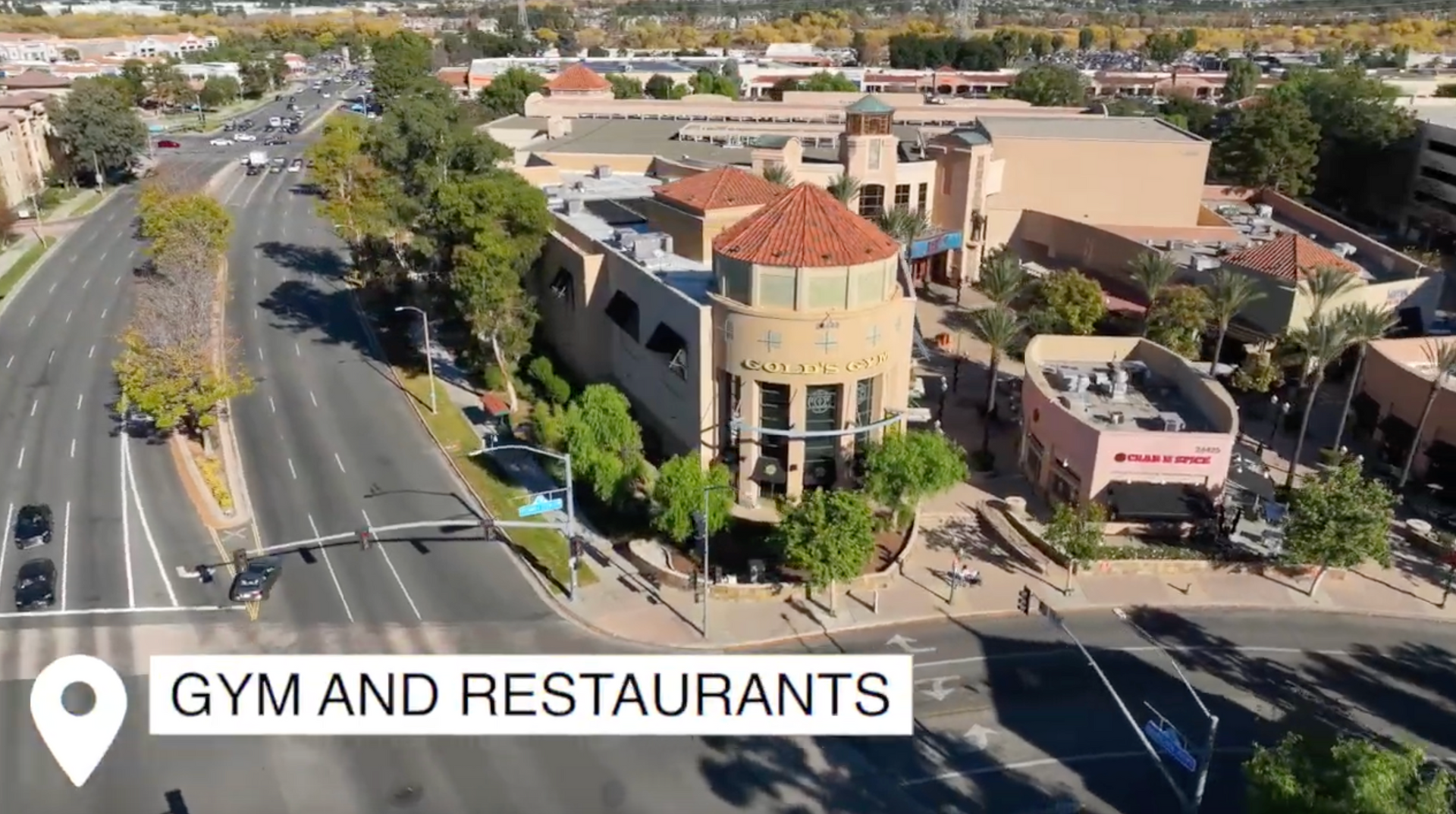 photo of gym and restaurants across the street from the monticello apartments