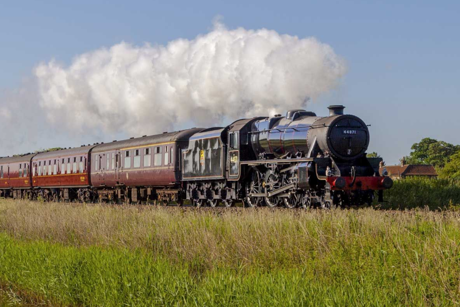 Steam train, black engine with red carriages, travels through a grassy field under a blue sky, white smoke billowing.