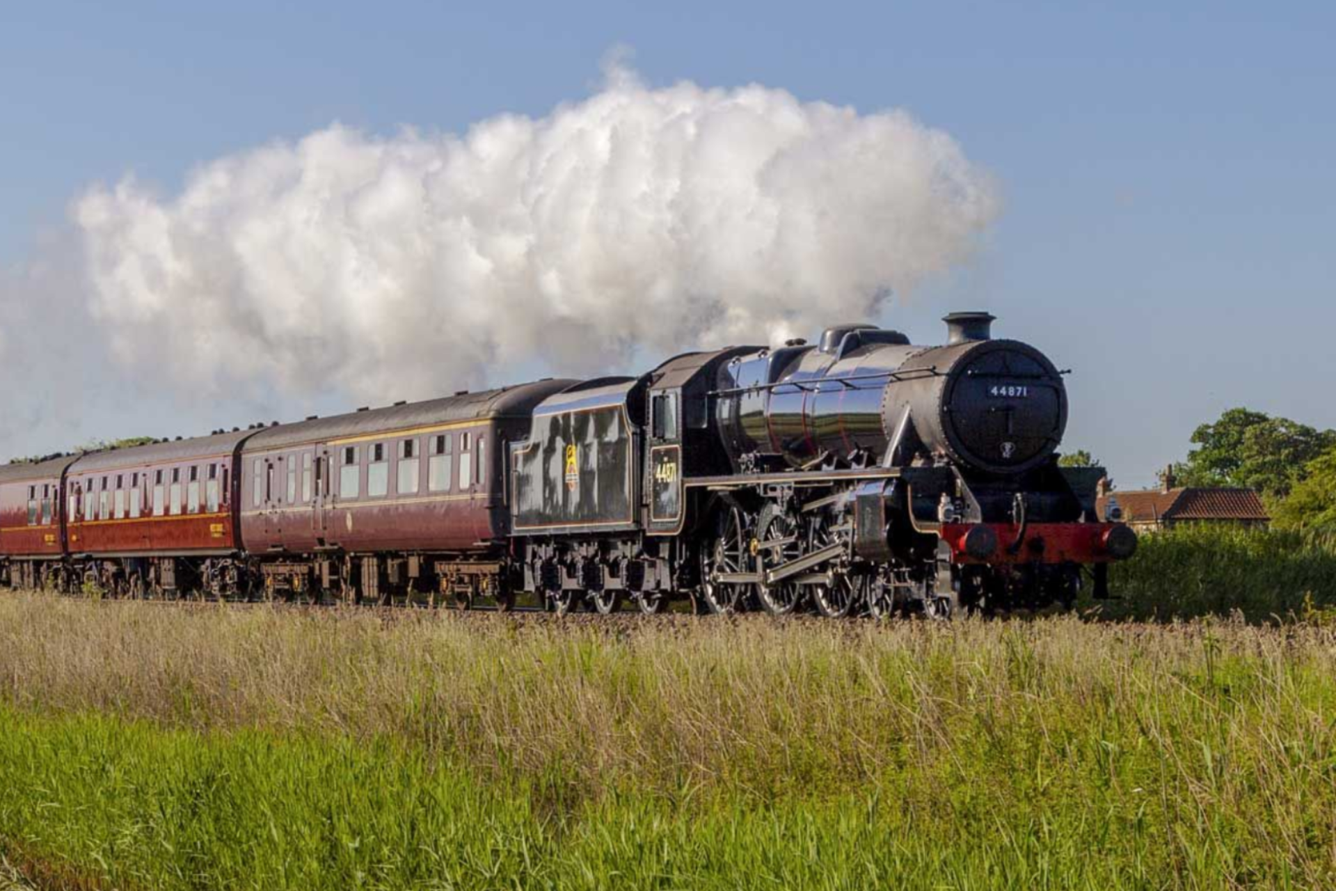 Steam train, black and silver, pulling maroon passenger cars through tall grass under a blue sky with puffy white clouds.