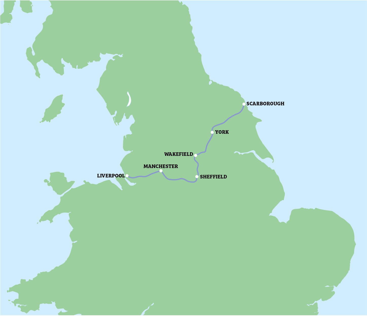 Map of England showing a blue route connecting Liverpool, Manchester, Leeds, and Scarborough.