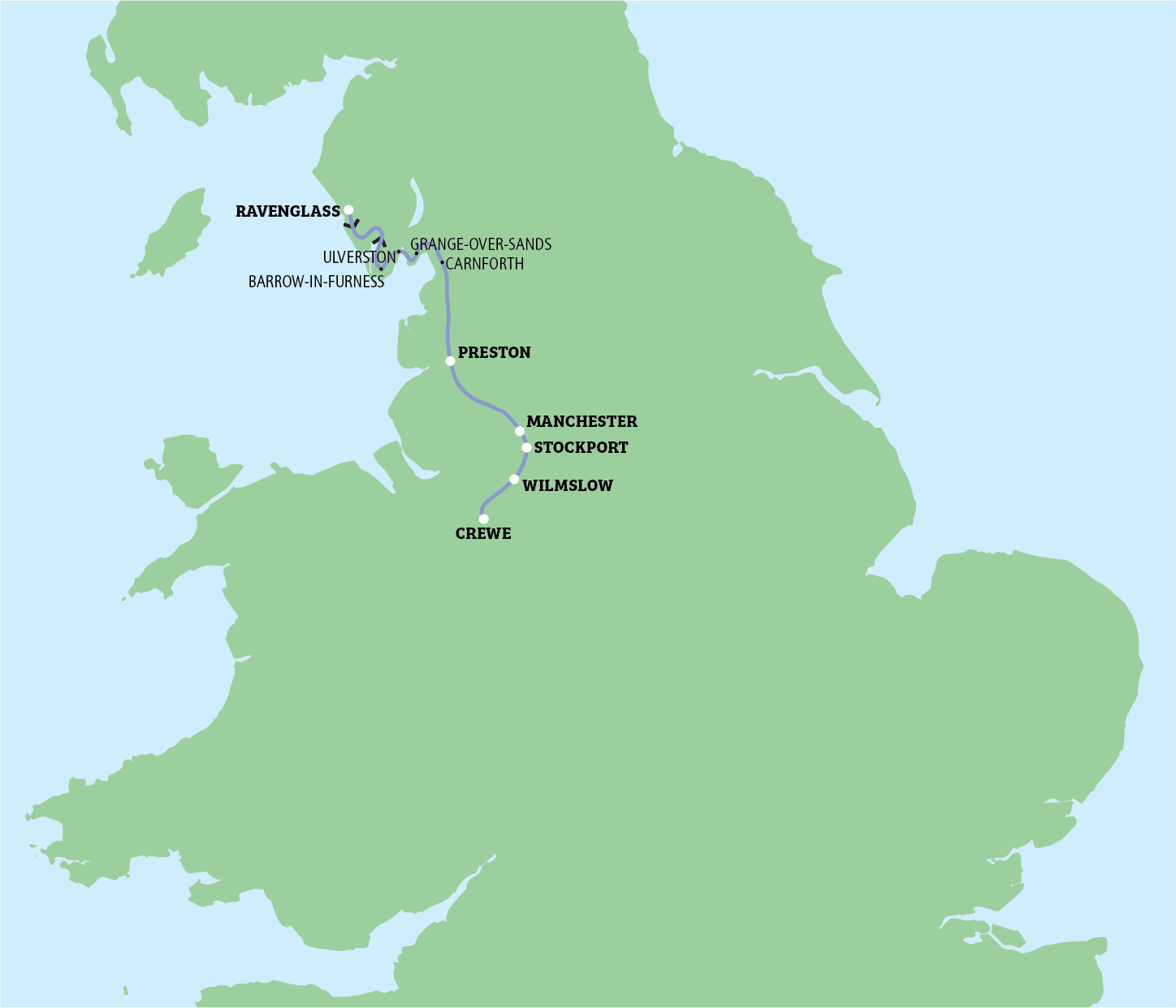 Green map of Britain and Ireland with labeled city locations in black text