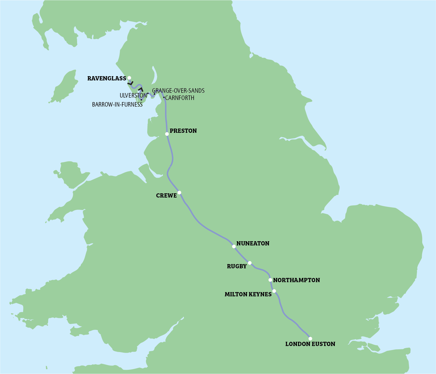 Map of southern England showing a route through cities from Bath to London, with a black line and labels.