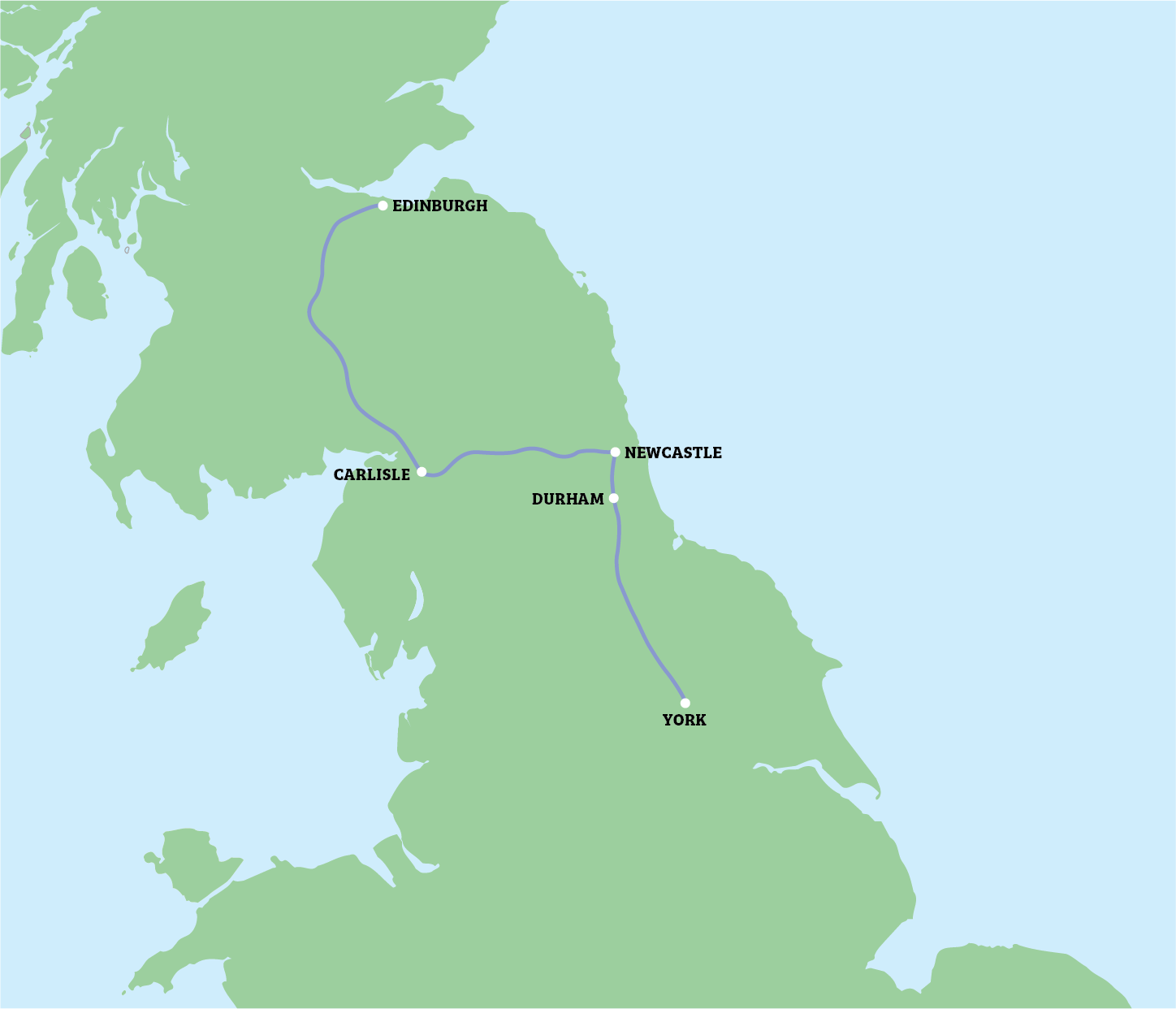 Map of northern England, showing railway lines connecting York, Durham, Newcastle, Carlisle and Edinburgh