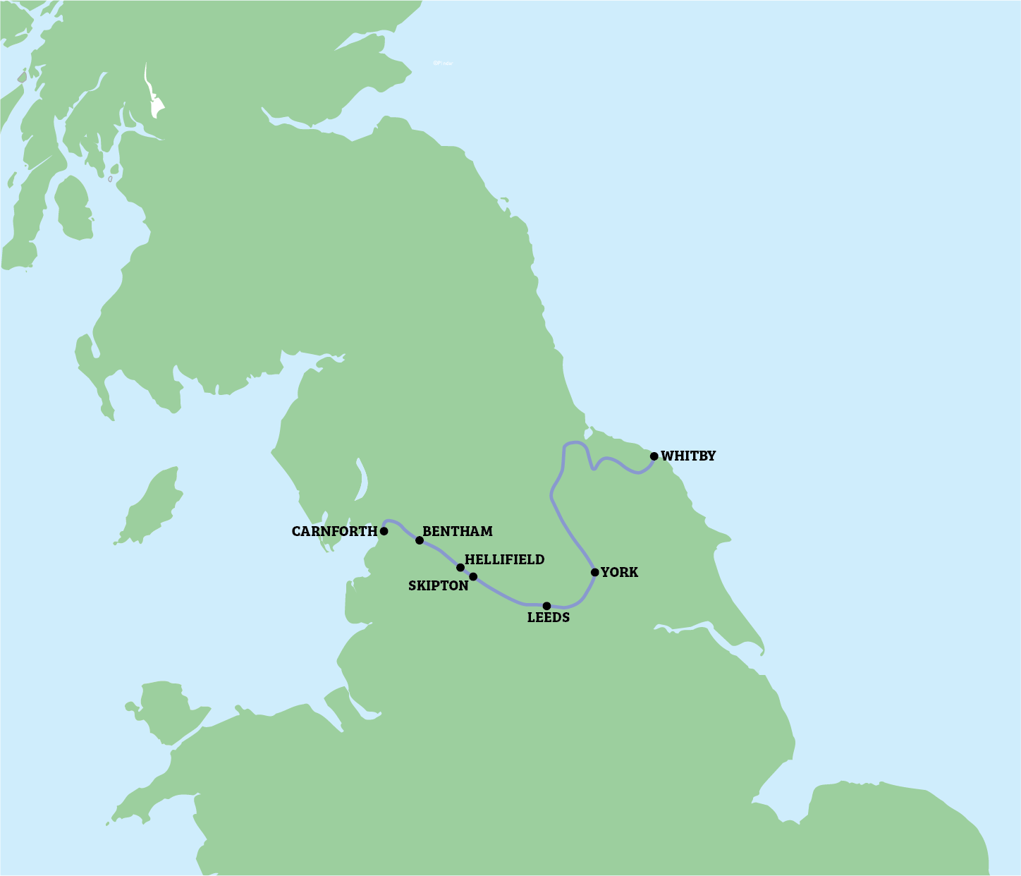 Map of northern England with labeled cities and routes marked by dashed lines.