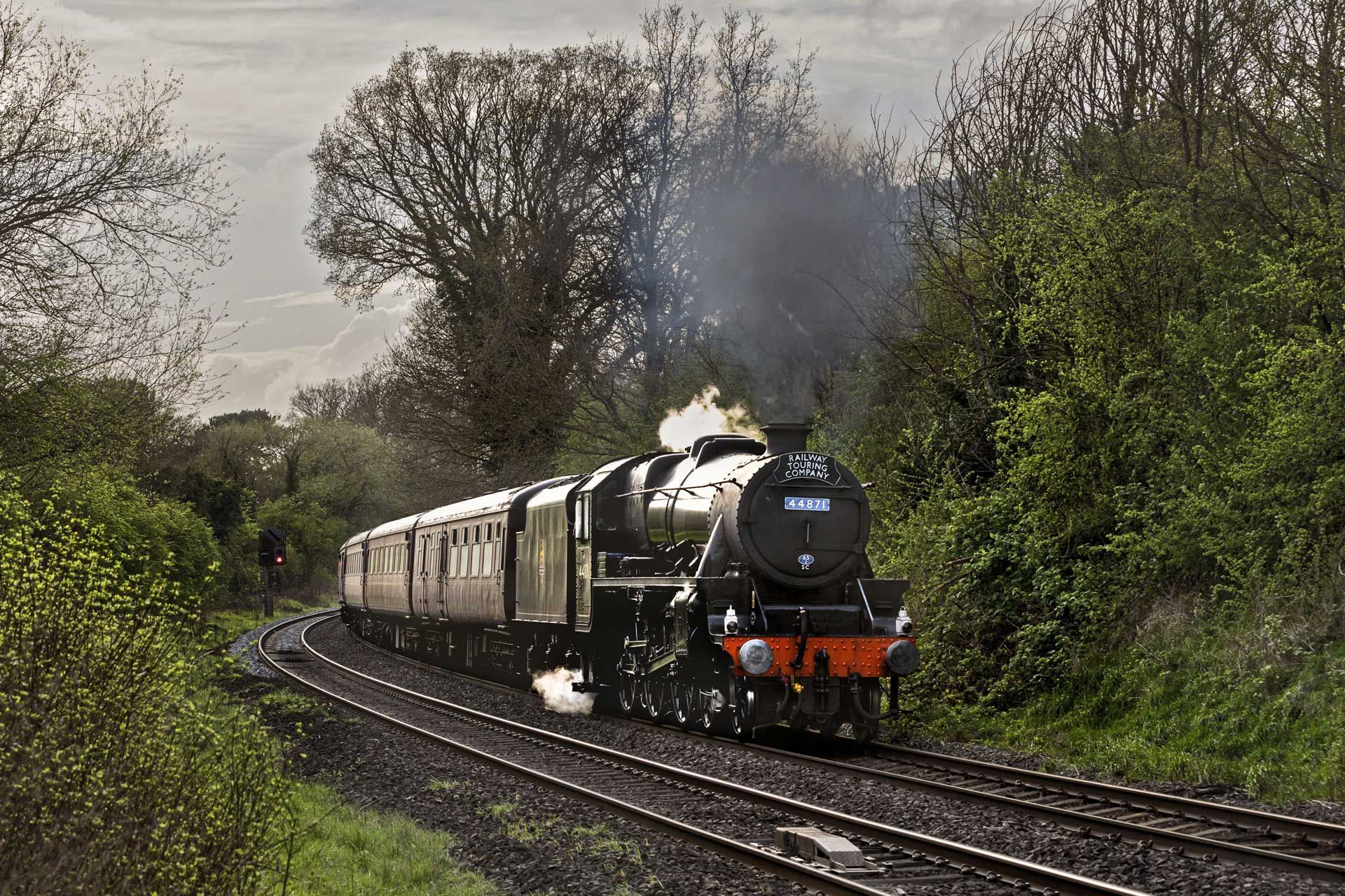 Steam train traveling along tracks, surrounded by green foliage. Black locomotive, smoke billowing.