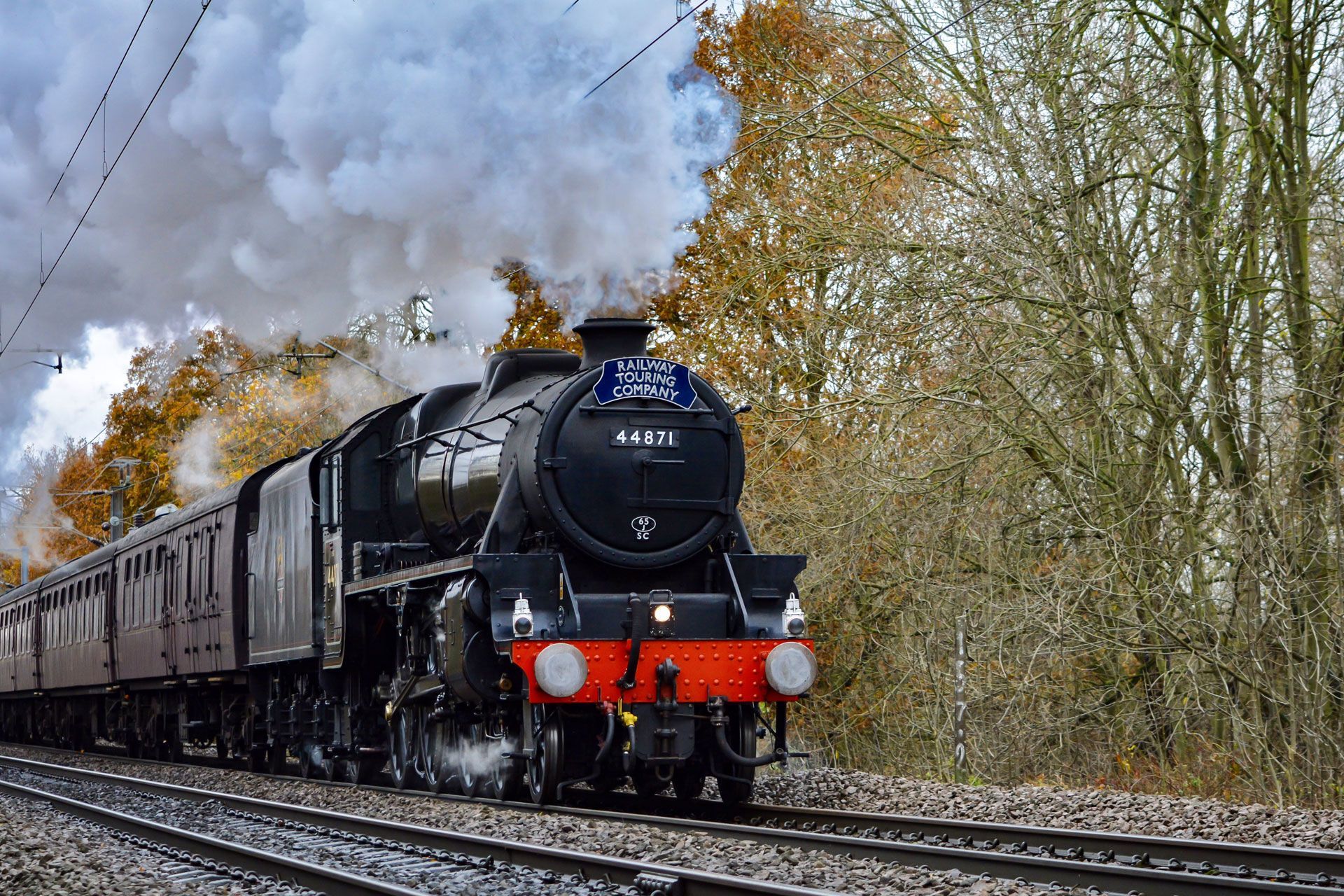 Black steam locomotive pulling passenger cars through a wooded area, with smoke billowing overhead.