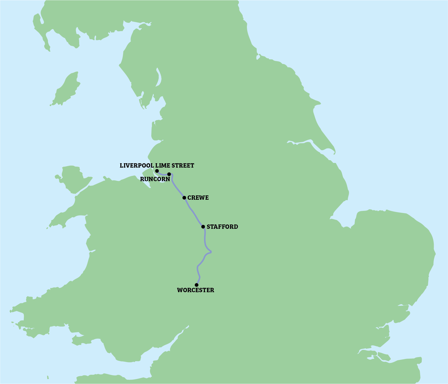 Map of Great Britain with a dotted route connecting several labeled towns across England