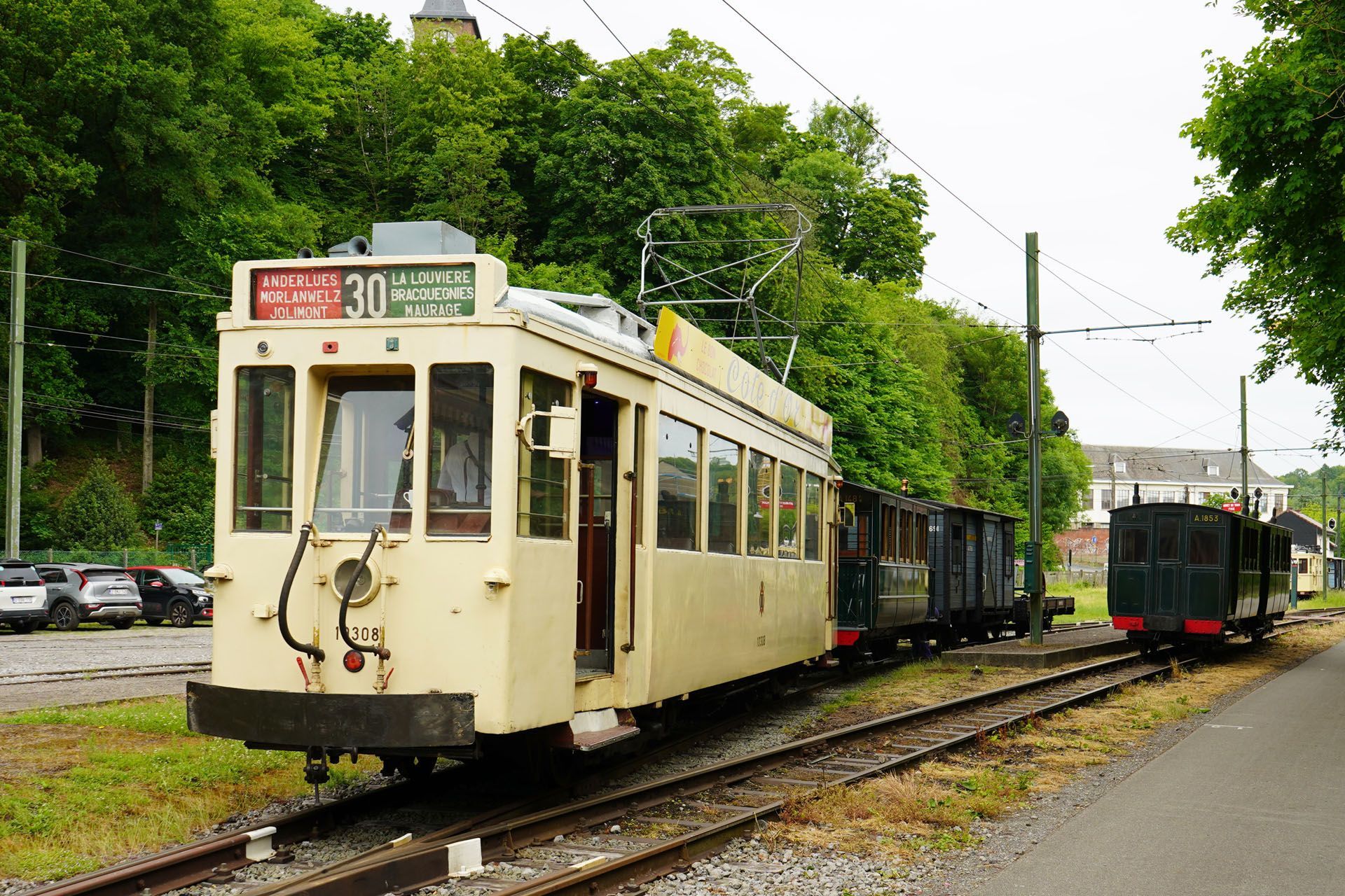 A light-colored electric tram on tracks, parked next to a line of trees, with another tram visible behind it.
