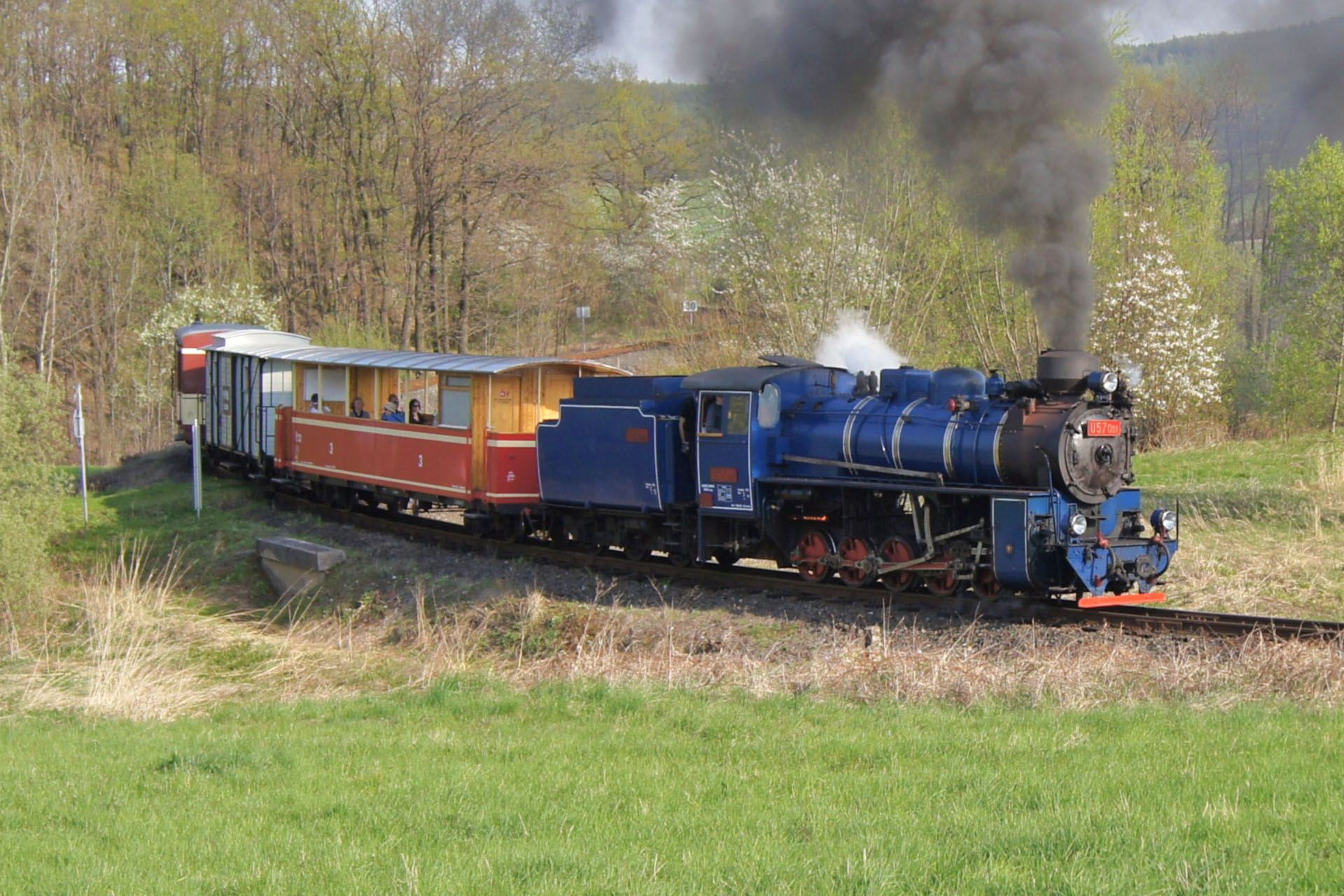 A blue steam locomotive pulling passenger cars through a rural, tree-lined landscape with dark smoke rising from the stack.