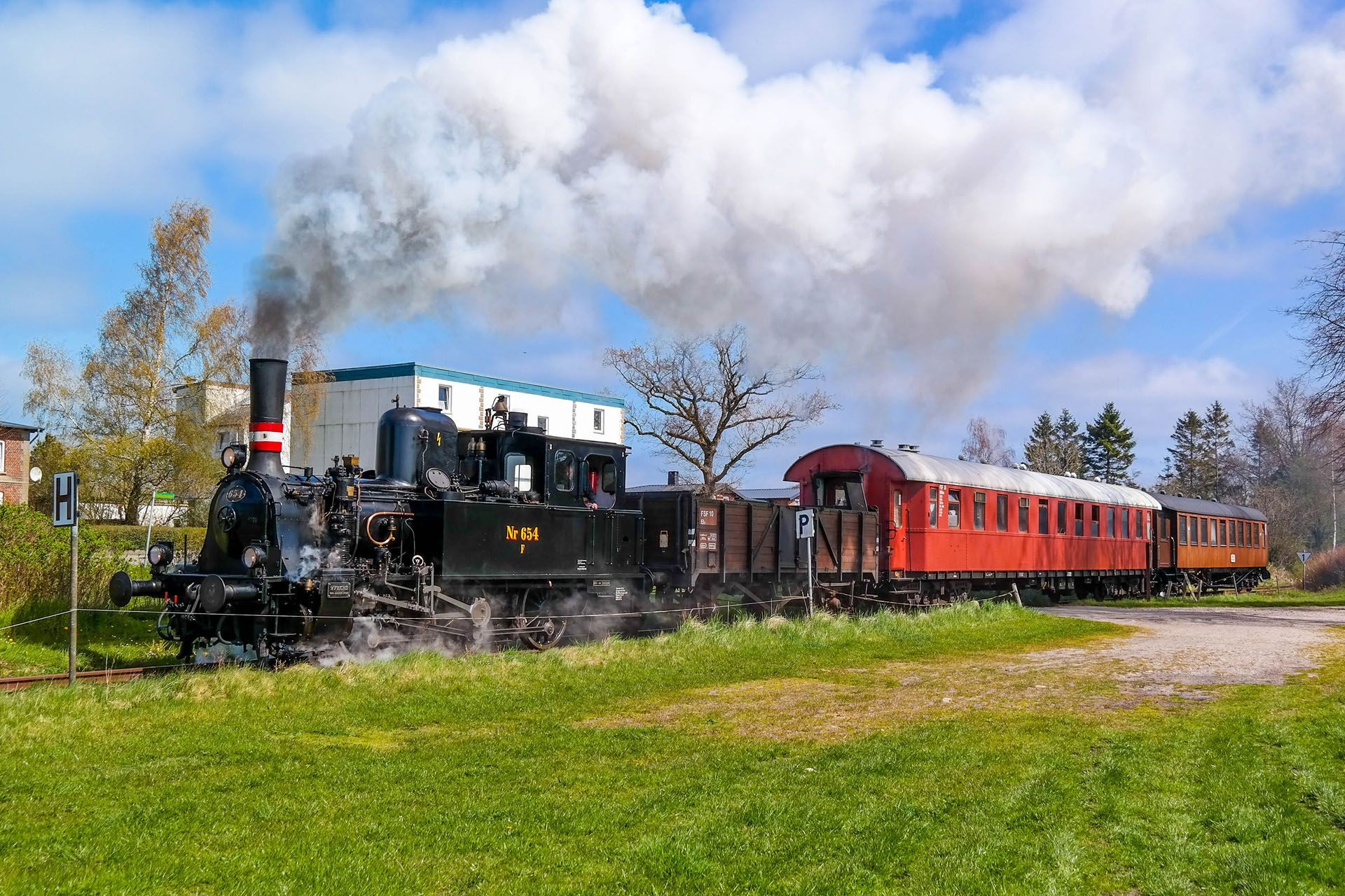 Steam train, black engine with white smoke, pulling red and brown passenger cars on a grassy track.