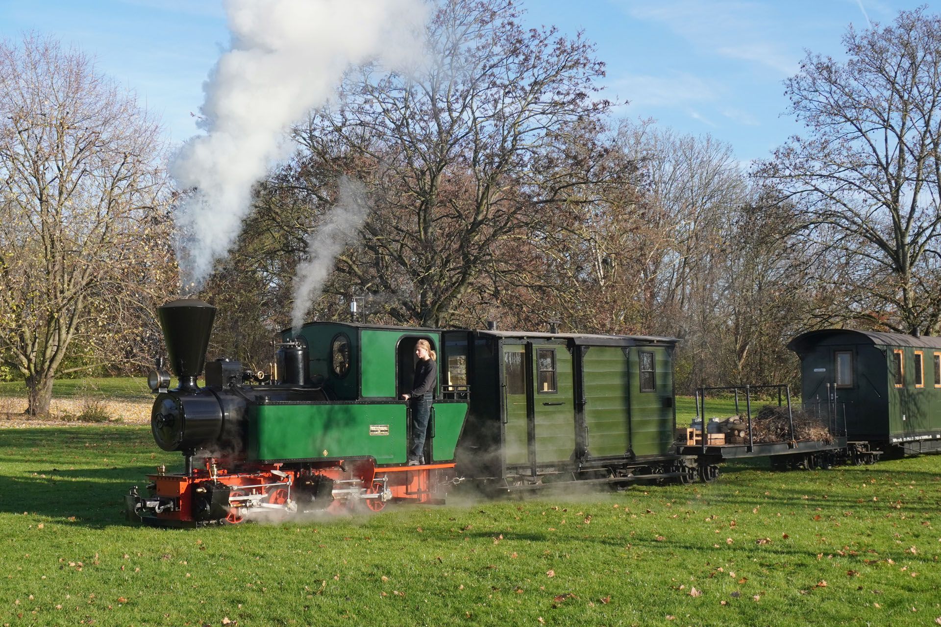 Green steam locomotive pulling cars through a grassy park, with white steam rising from the stack.