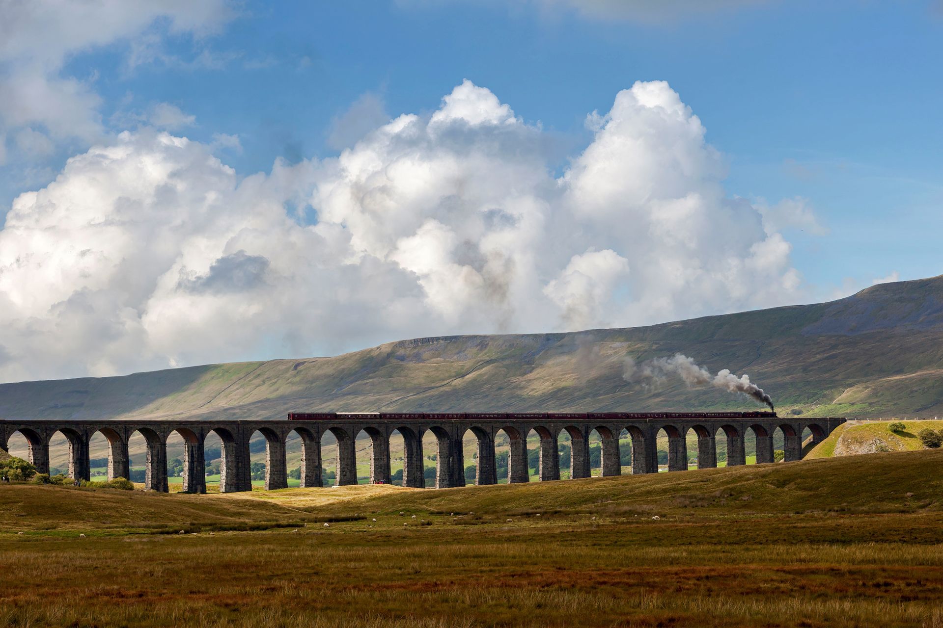 Stone viaduct crossing a grassy plain under large white clouds and a blue sky