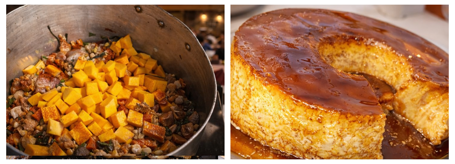 Una pantalla dividida muestra una olla de metal llena de calabaza troceada y un flan de caramelo dorado ya terminado.