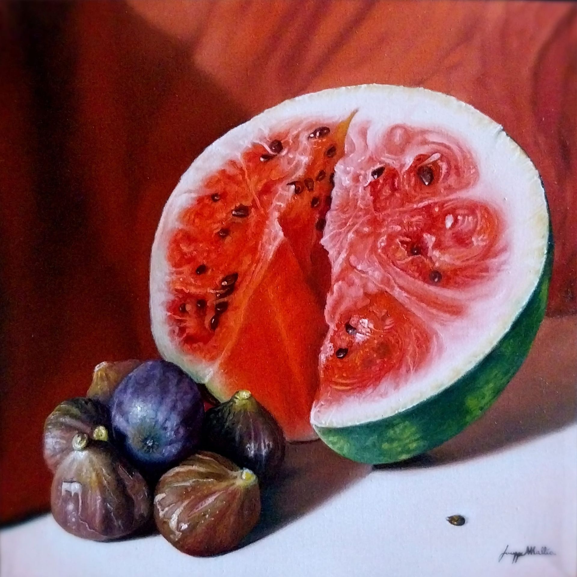 anguria e fichi olio su tela cm 30X30 anno 2023