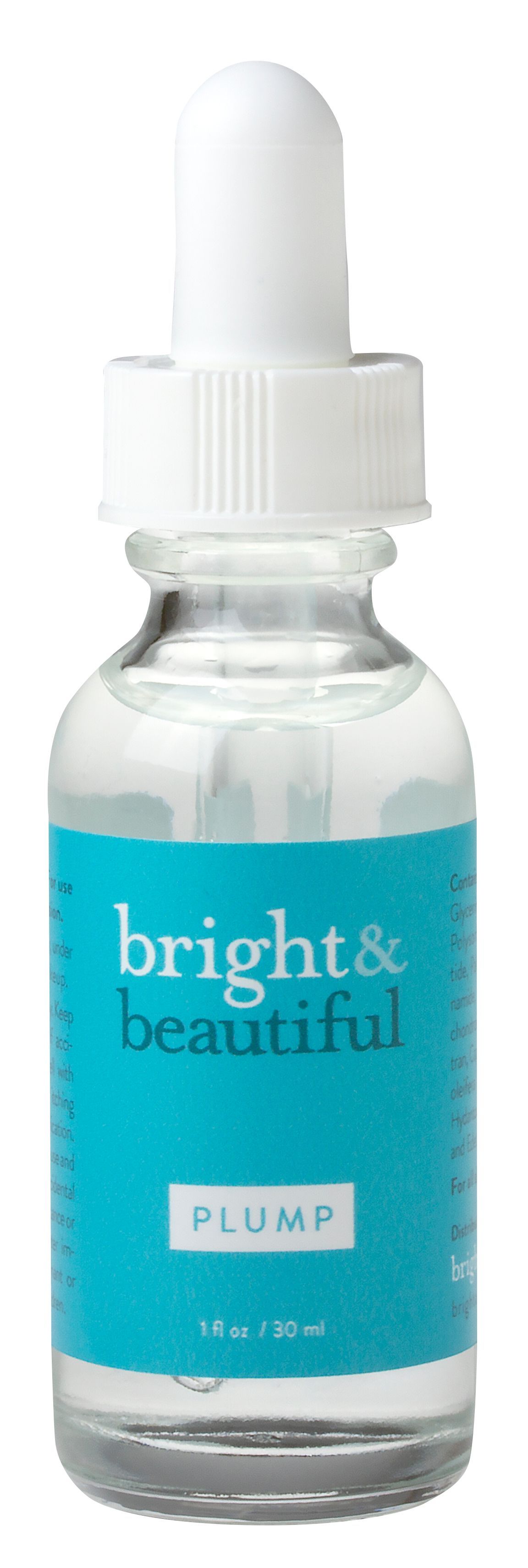 A bottle of bright & beautiful serum with a dropper on a white background.