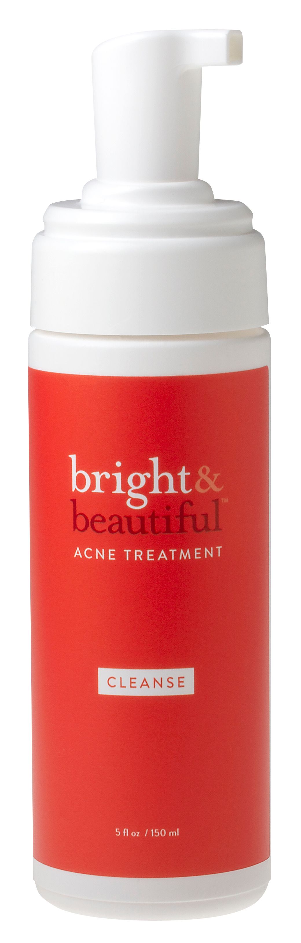 A bottle of bright & beautiful foaming cleanser with a red label