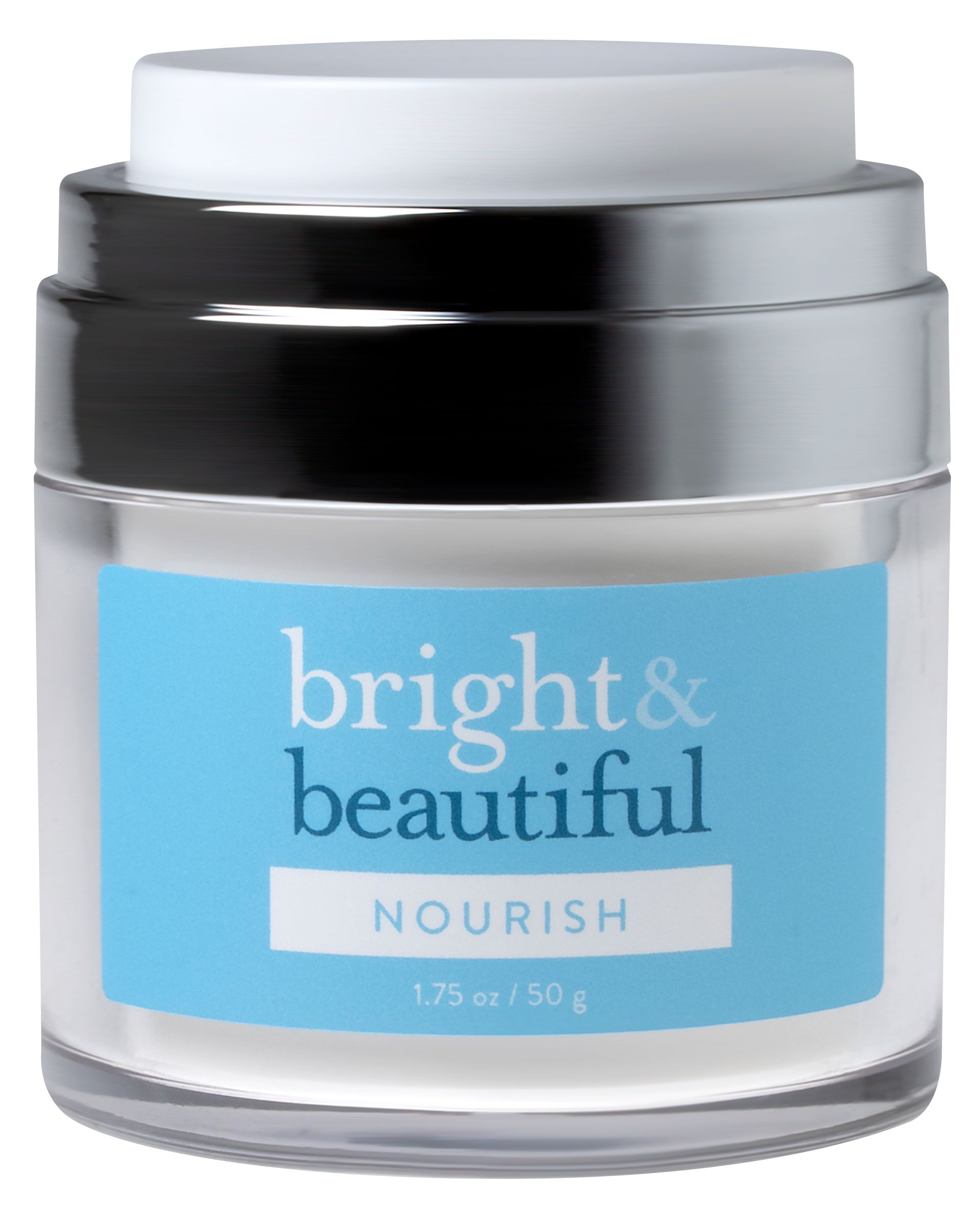 A jar of bright & beautiful nourish cream on a white background