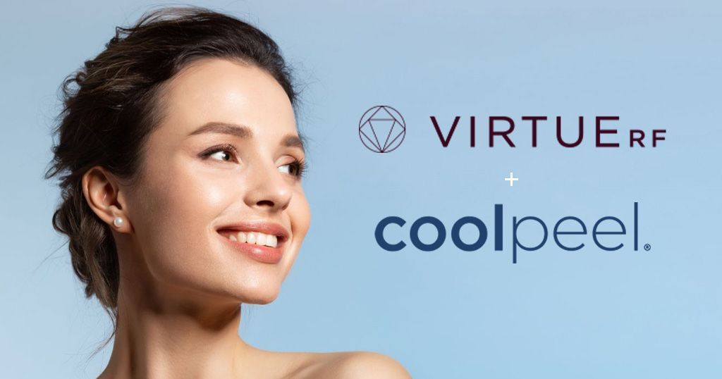 a woman smiling looking to her left, with the logos for VirtueRF and CoolPeel beside her