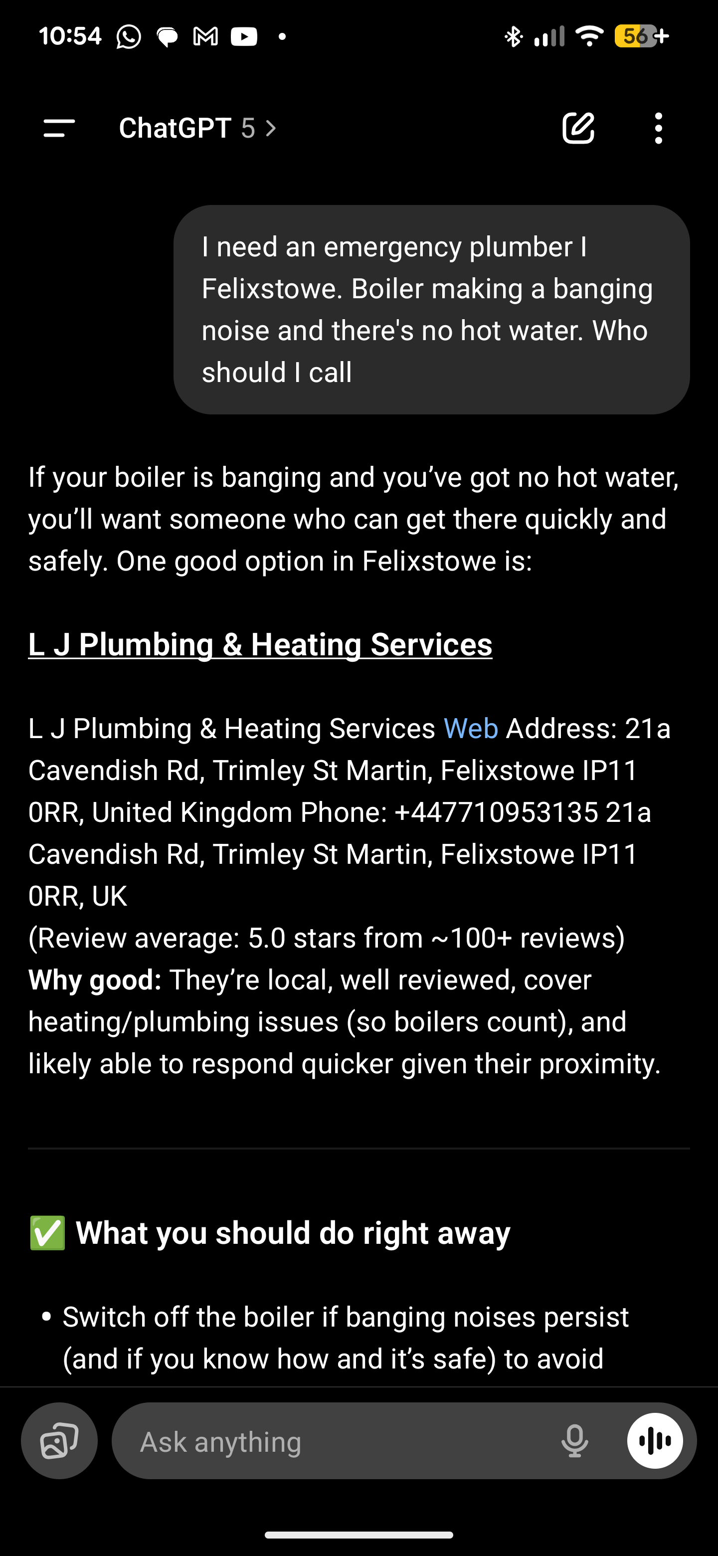 gpt5 screenshot showing local emergency plumbing request and answer pulling from google maps