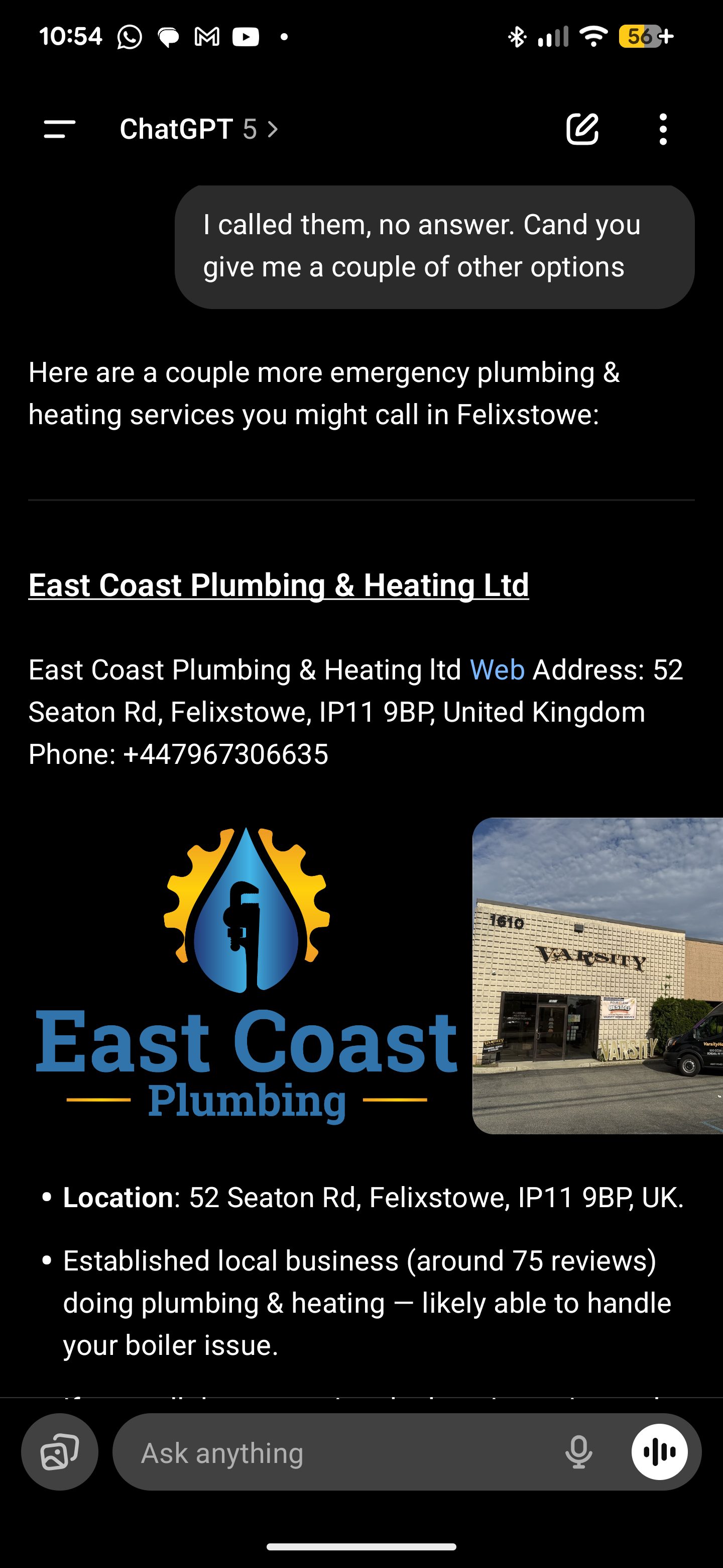 chatgpt screenshot showing local emergency plumbing request and answer pulling from google maps