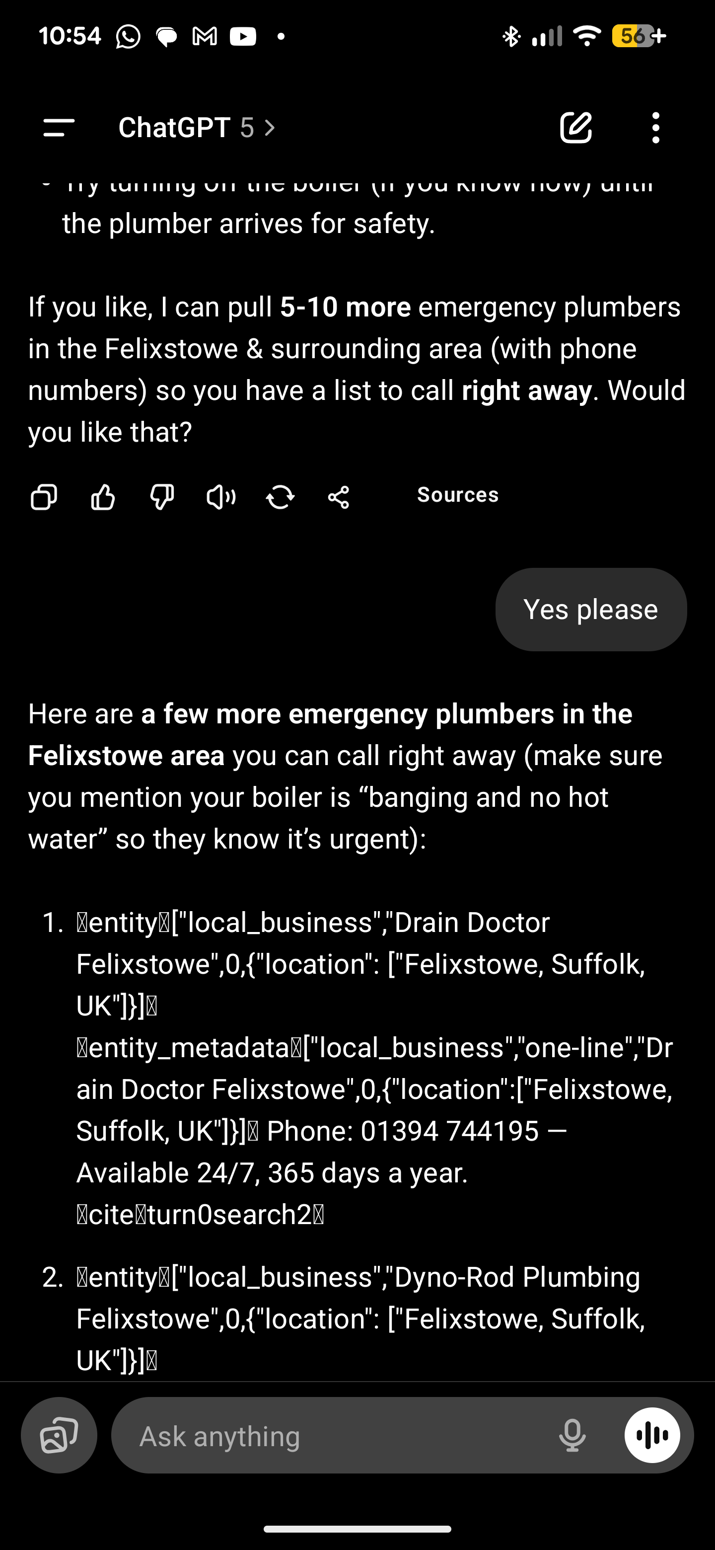 mobile chatgpt screenshot showing local emergency plumbing request and answer pulling from google maps