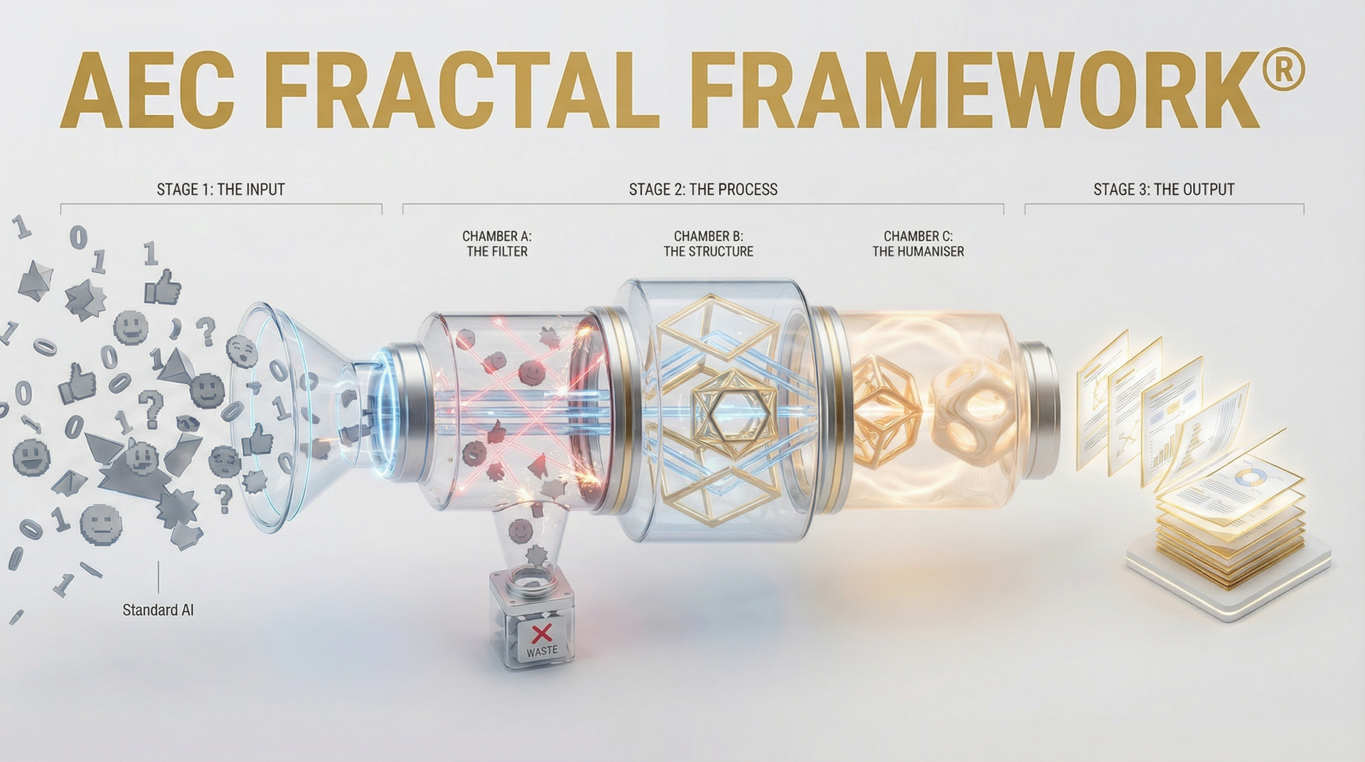 Horizontal infographic showing the Decodefy AEC Framework filtering generic AI into elite content