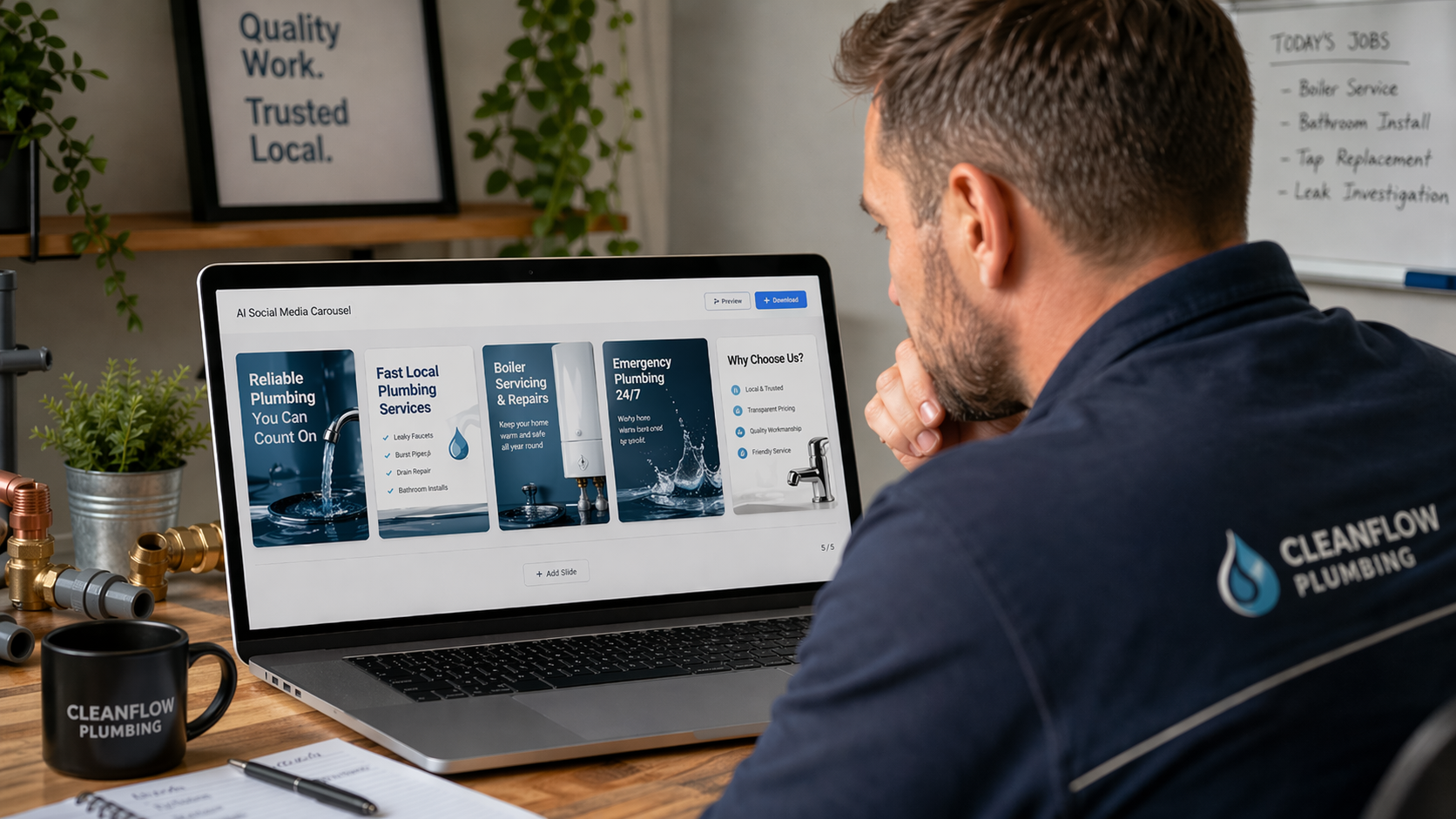 Local UK plumber business owner reviewing AI-generated social media carousel ad on laptop screen.