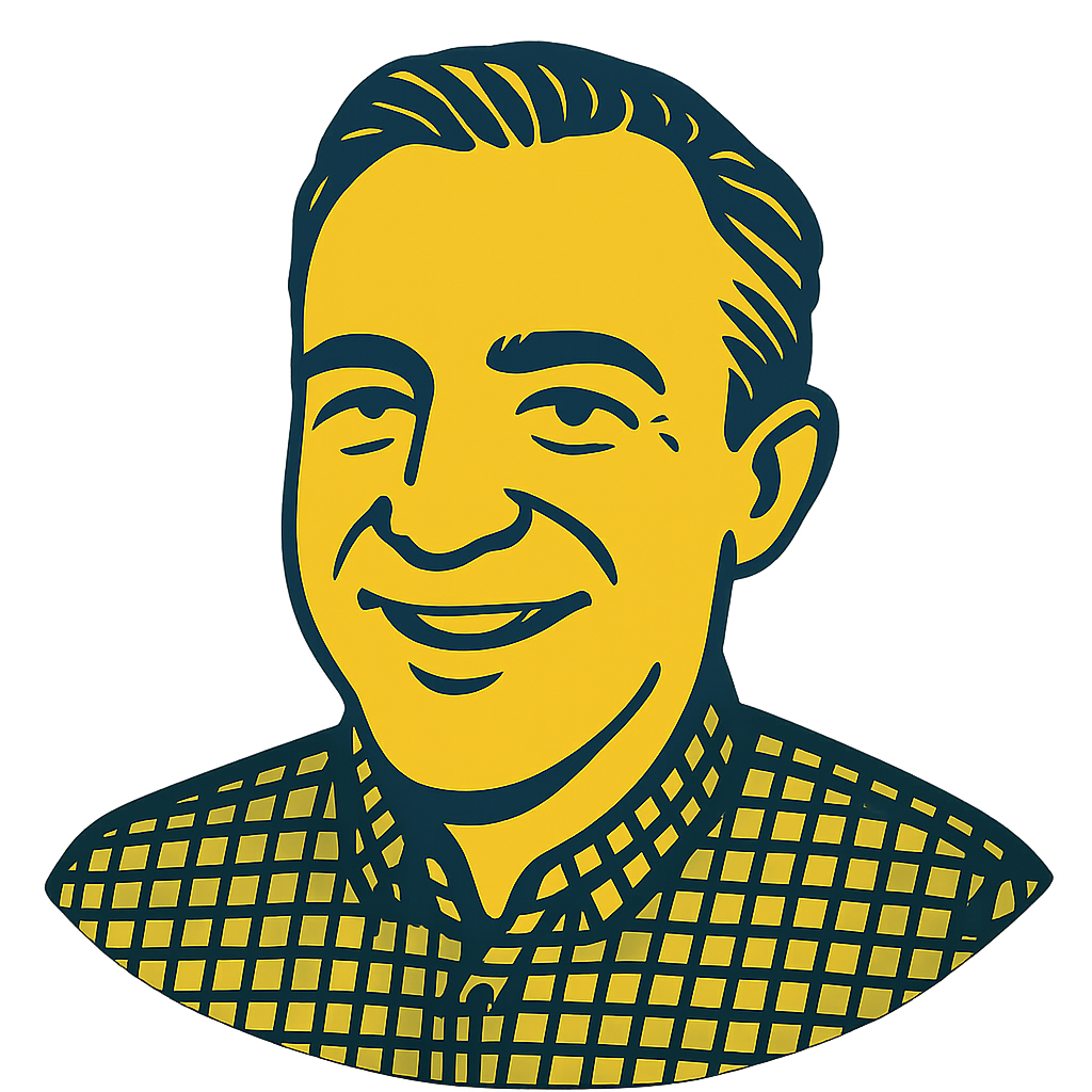 A cartoon drawing of a man wearing a plaid shirt and smiling.