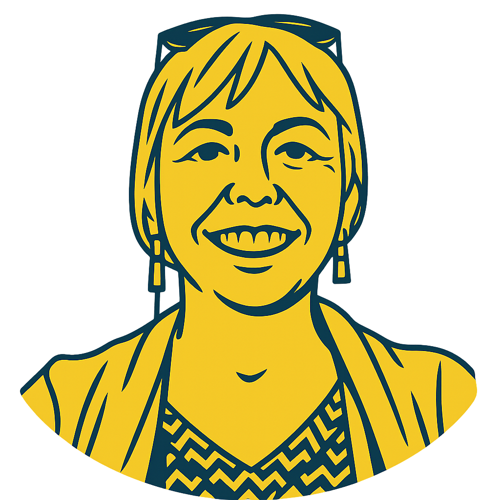 A yellow portrait of a smiling woman wearing sunglasses and earrings.