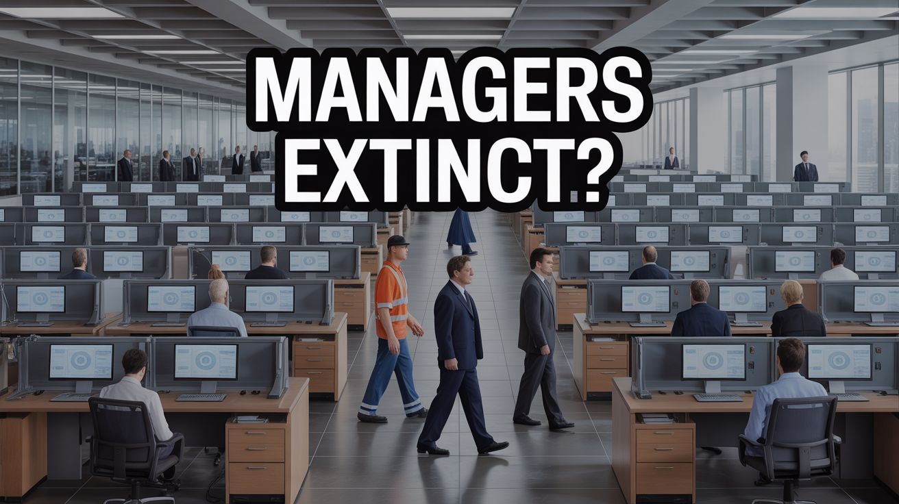 Empty office cubicles with AI interfaces replacing middle managers