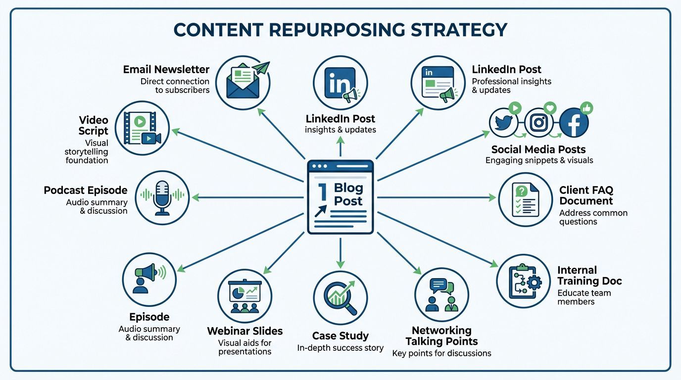 Content repurposing diagram showing one blog post branching into eight different content formats inc