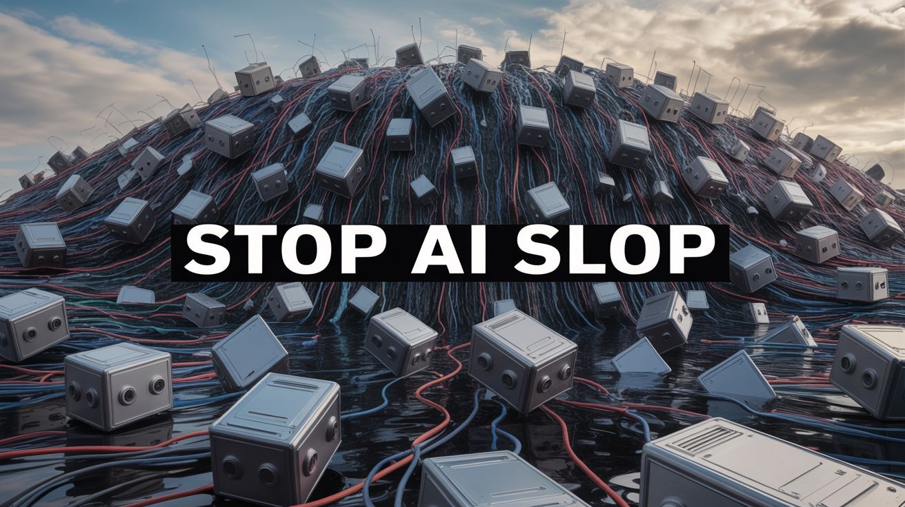 AI slop flooding the internet with low-quality content represented by digital waste overwhelming hum