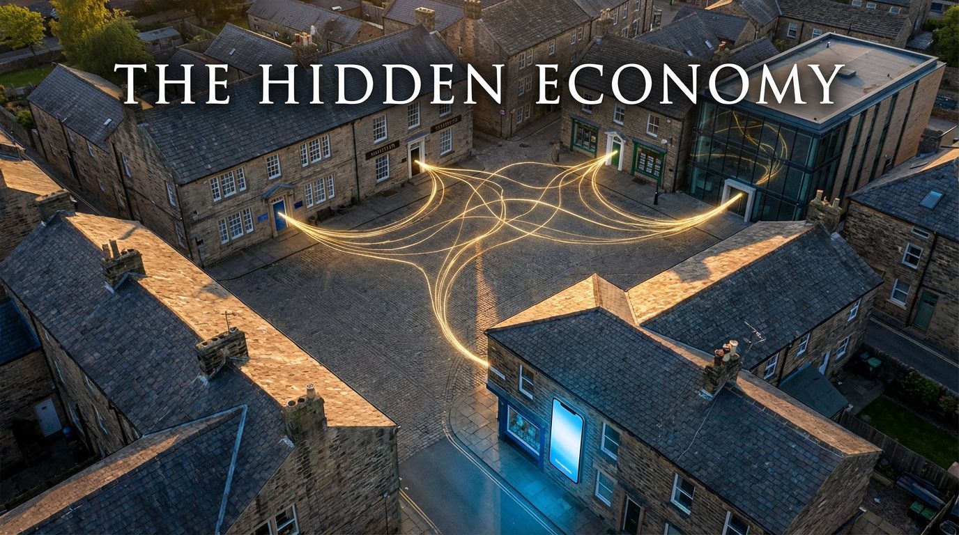 Aerial view of British town square showing golden light connections between local businesses - accou