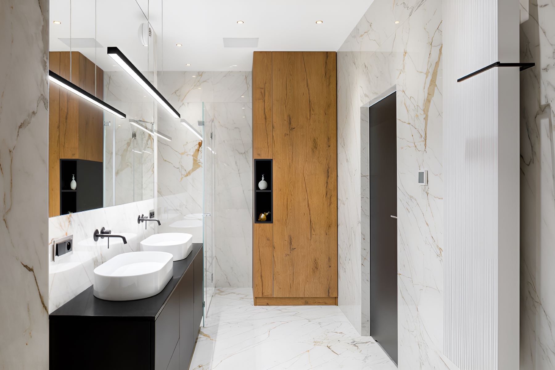 A Bathroom With Two Sinks and a Walk in Shower — Prime Built Group in Mittagong, NSW