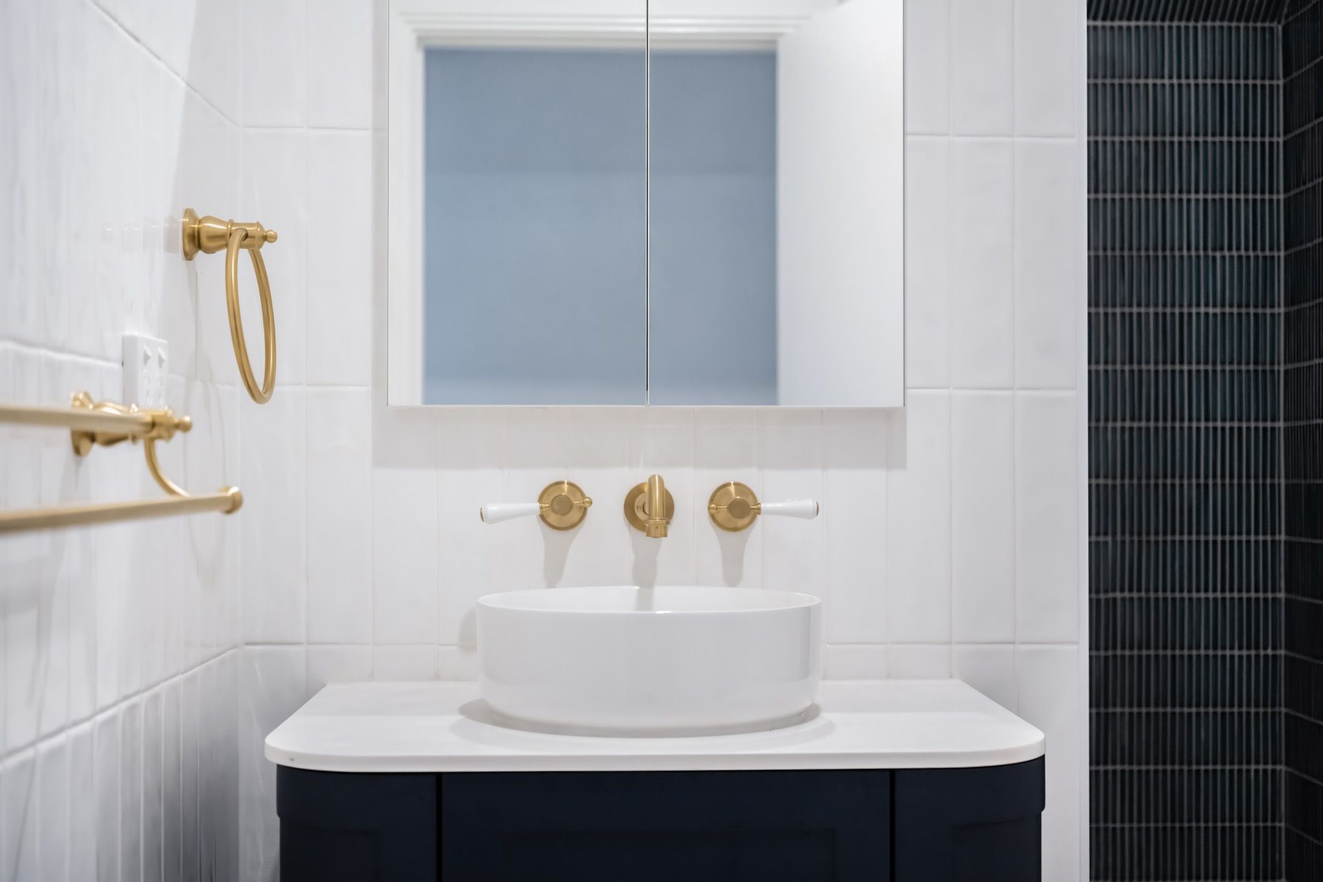 Modern White Bathroom Vanity With Round Sink — Prime Built in Bowral, NSW