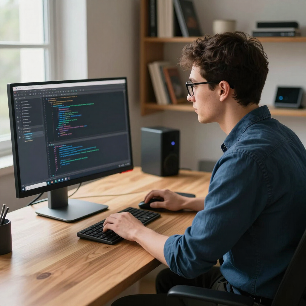 A person in a blue shirt sits at a wooden desk, typing code on a desktop computer in a home office setting.
