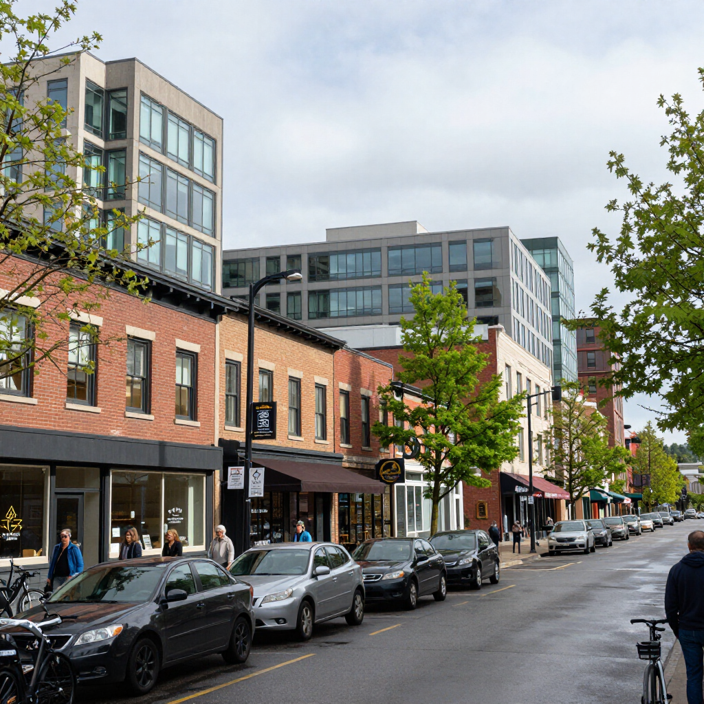 A street scene with parked cars, brick storefronts, and modern apartment buildings under a bright, cloudy sky.