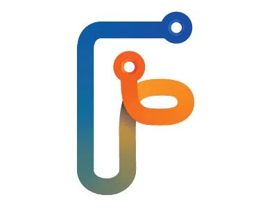 A stylized letter 'F' formed by a blue and orange circuit-like path with two circular connection points.