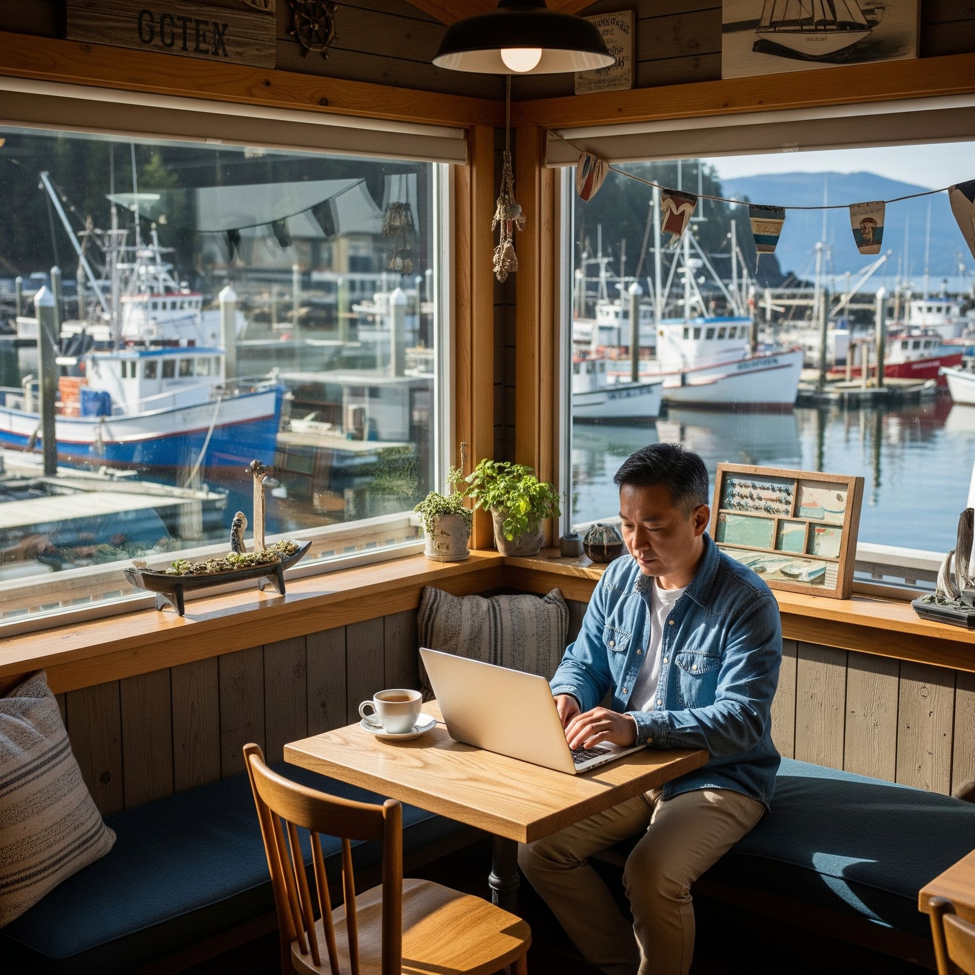 A man is sitting at a table using a laptop computer.
