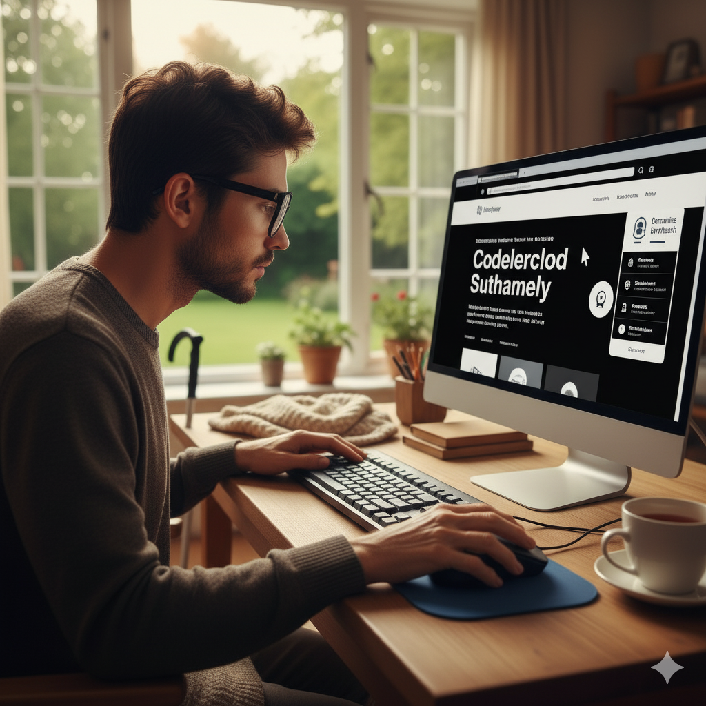 Man with glasses working on computer, looking at website in a home office, holding mouse and typing.