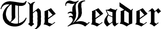 A black and white logo for the leader newspaper