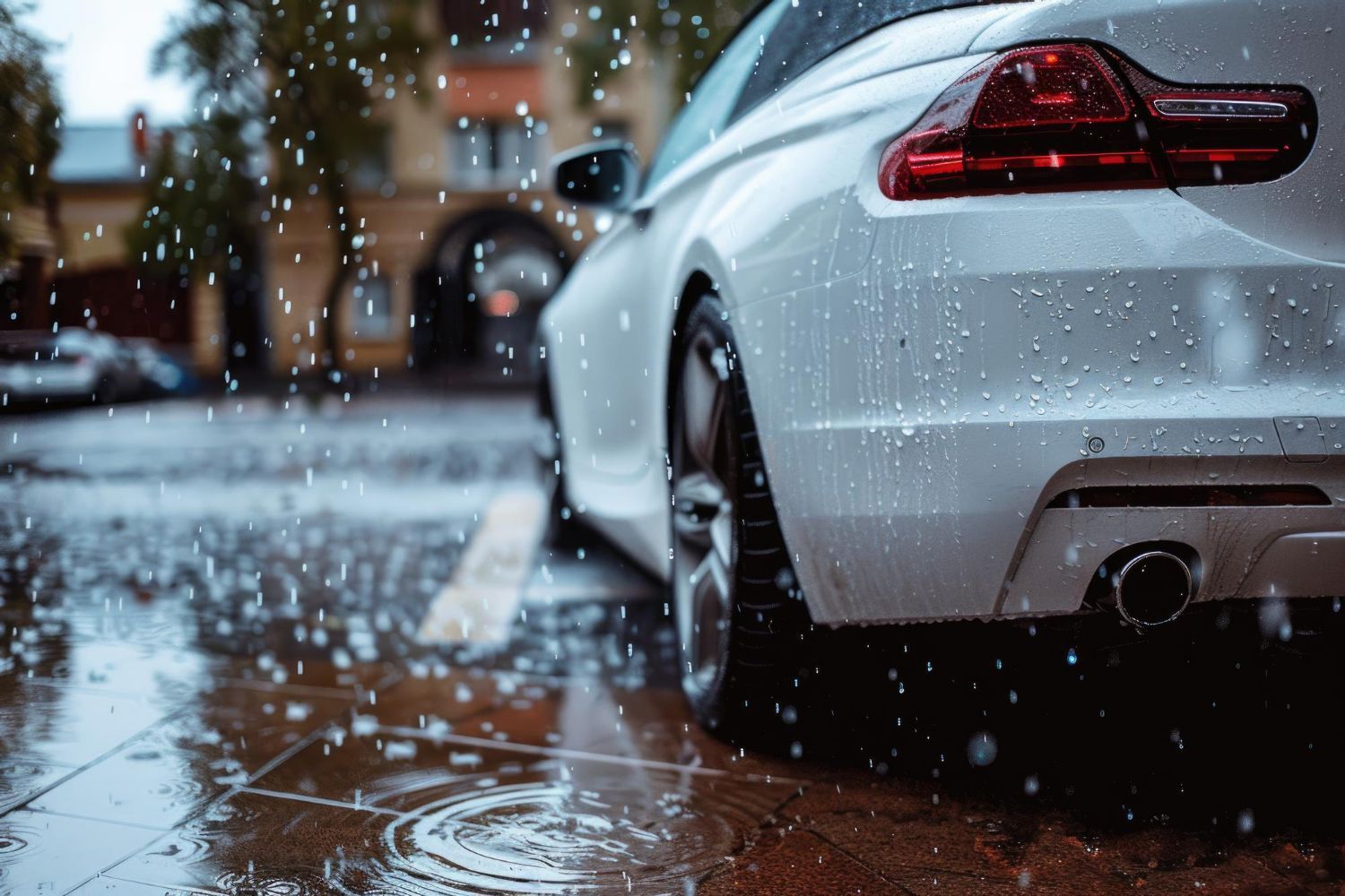 A white car is parked in the rain on a wet sidewalk.