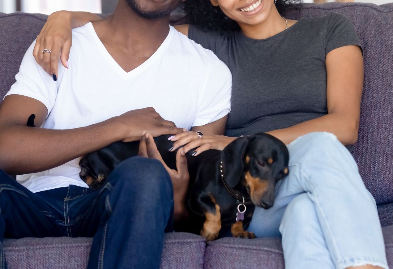 A man and a woman are sitting on a couch with a dog.