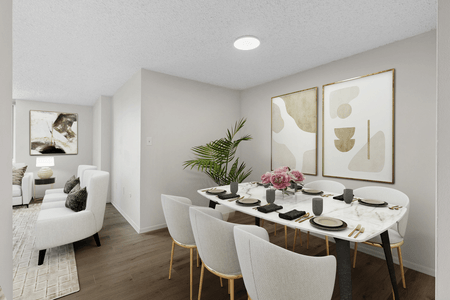 An artist 's impression of a dining room with a table and chairs.