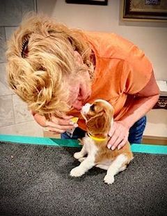 A woman is kissing a puppy on the nose.