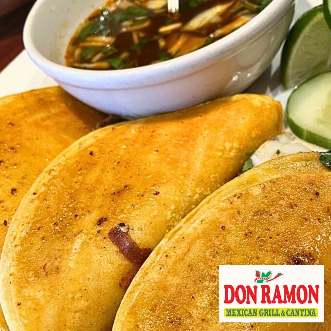 Crispy tacos with dipping sauce, lime, and cucumber. Don Ramon Mexican Grill logo.