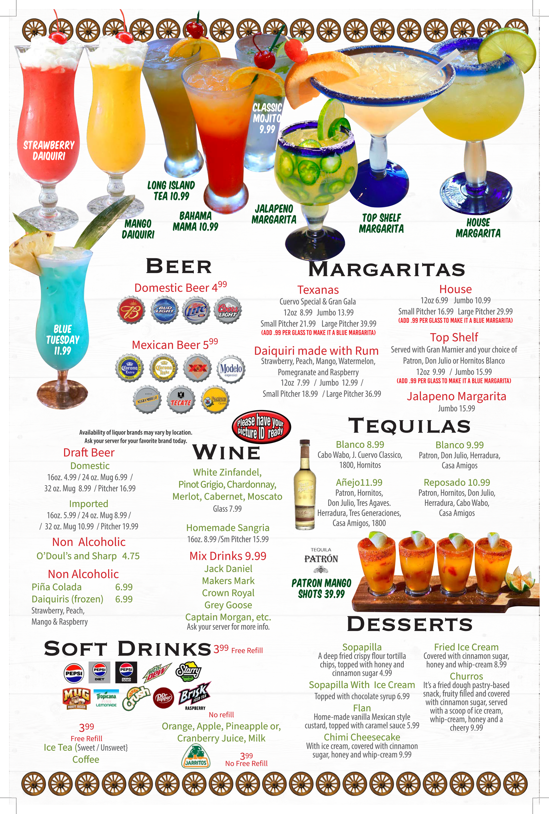 Menu of cocktails, beers, wines, and desserts. Features a variety of colorful drinks.