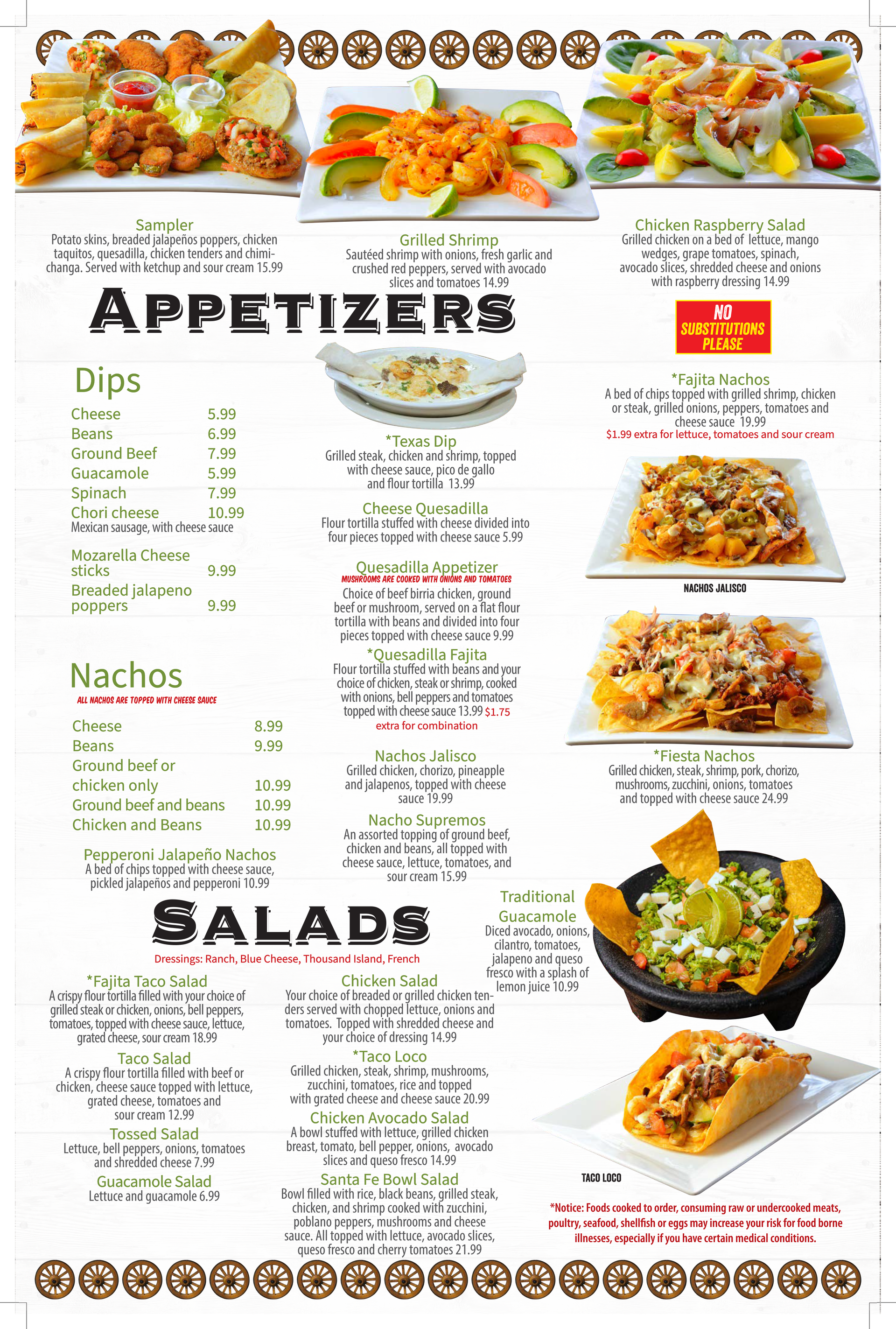 Menu with appetizers, salads, and nachos. Contains food photos with text.